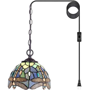 Werfactory® Tiffany Pendant Light Green Stained Glass Dragonfly Style Shade Hanging Lamp